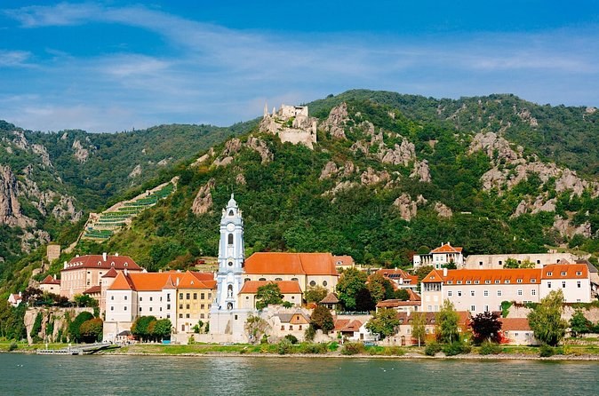 Dürnstein's blue church tower and the castle ruin above the Danube