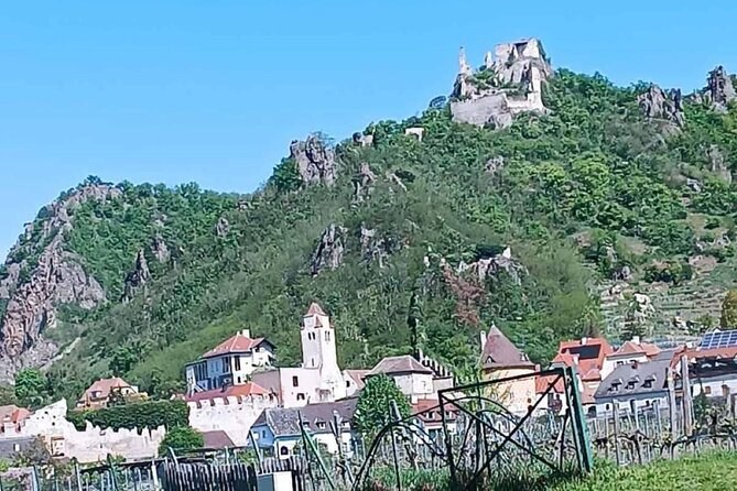 The castle ruin on the crag above Dürnstein's rooftops and blue tower